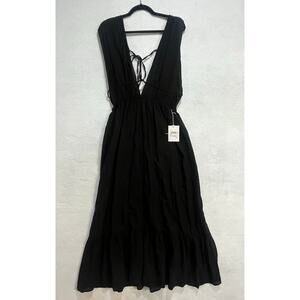 Nordstrom Ruched Plunge Maxi Cover-Up Black Dress NWT Size Medium